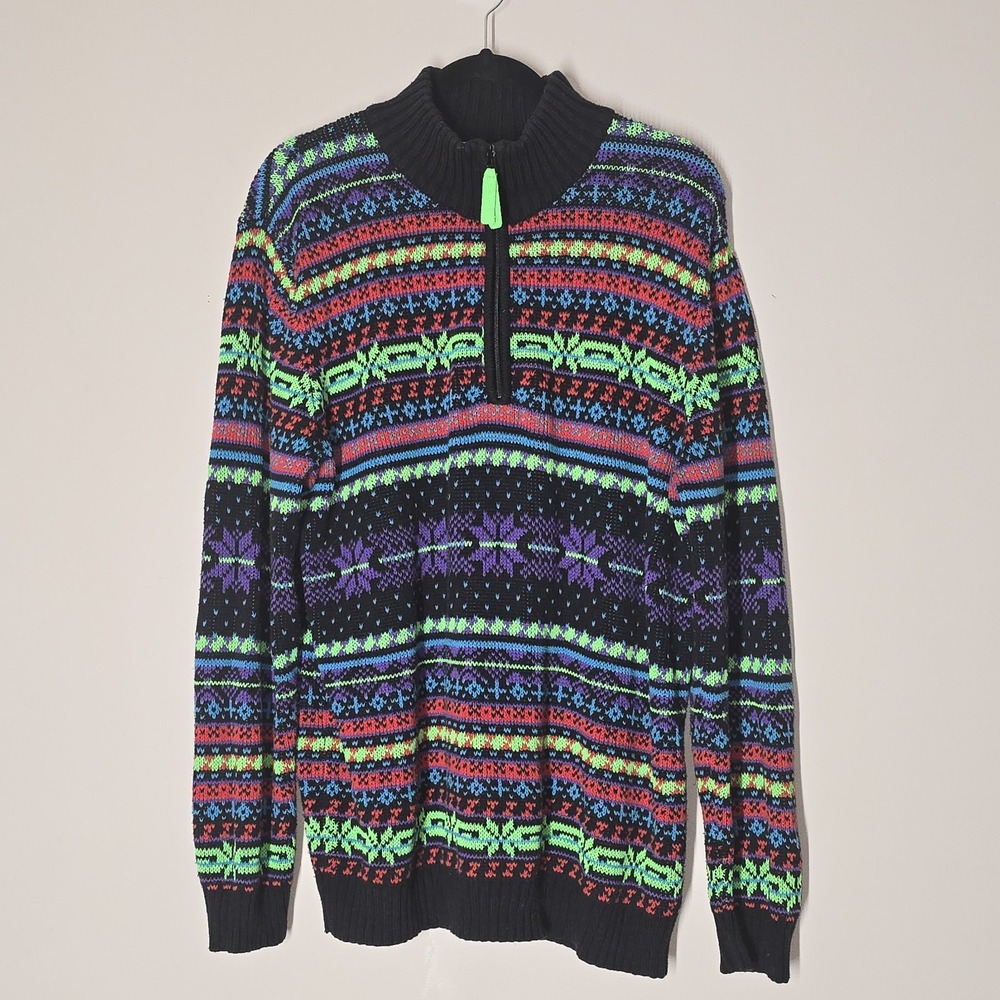 Vintage Blue Squares Skiing‎ Colorful Fair Isle 1/4 Zip Sweater Retro Size XLT